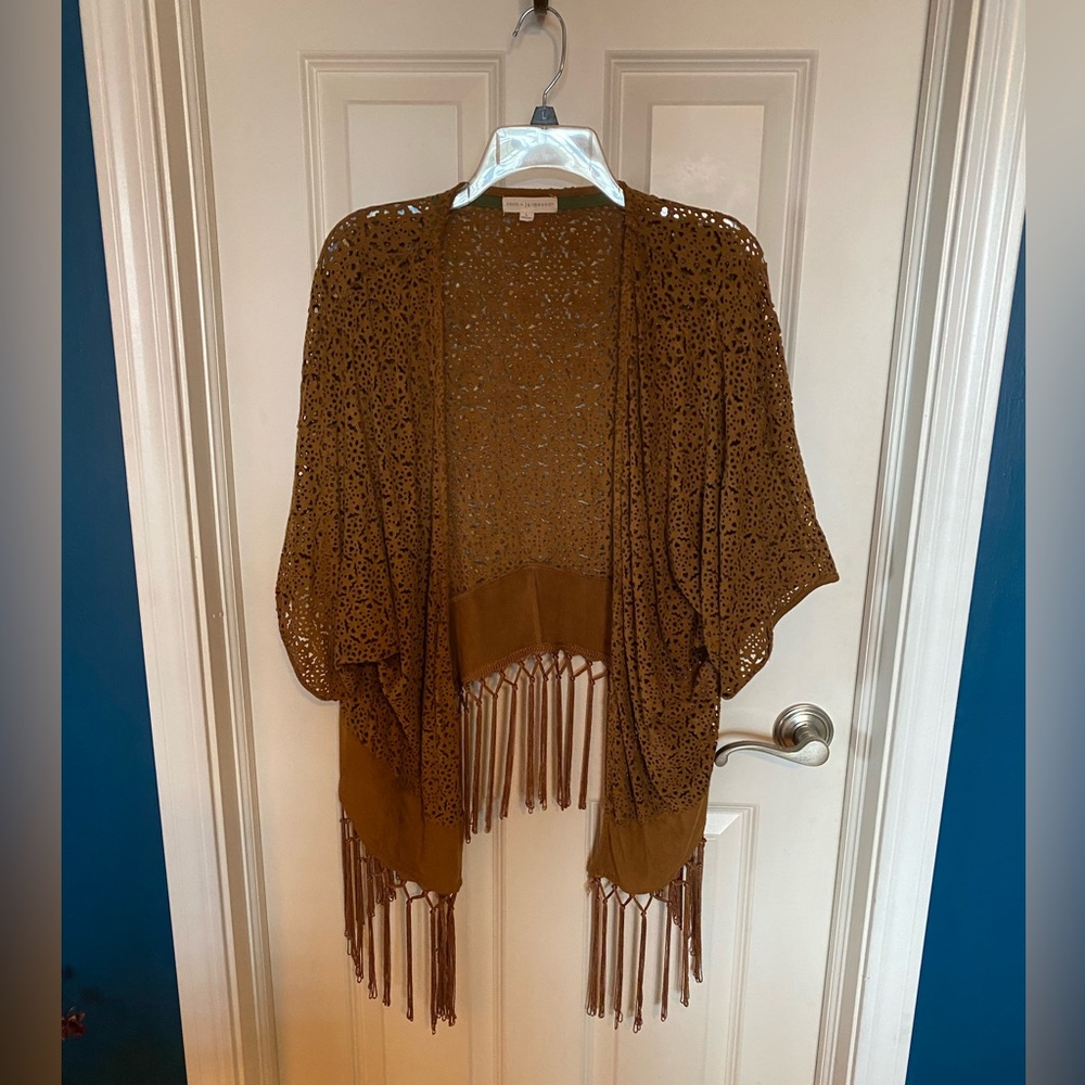 Coco + Jameson faux suede kimono with fringe
